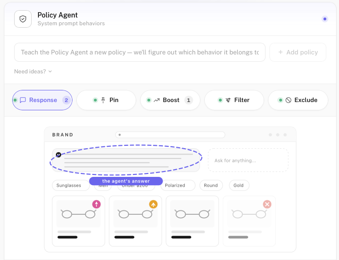 Aigency Policy Agent: teach the agent a new policy and set response, pin, boost, filter, or exclude behaviors that shape what the agent shows shoppers