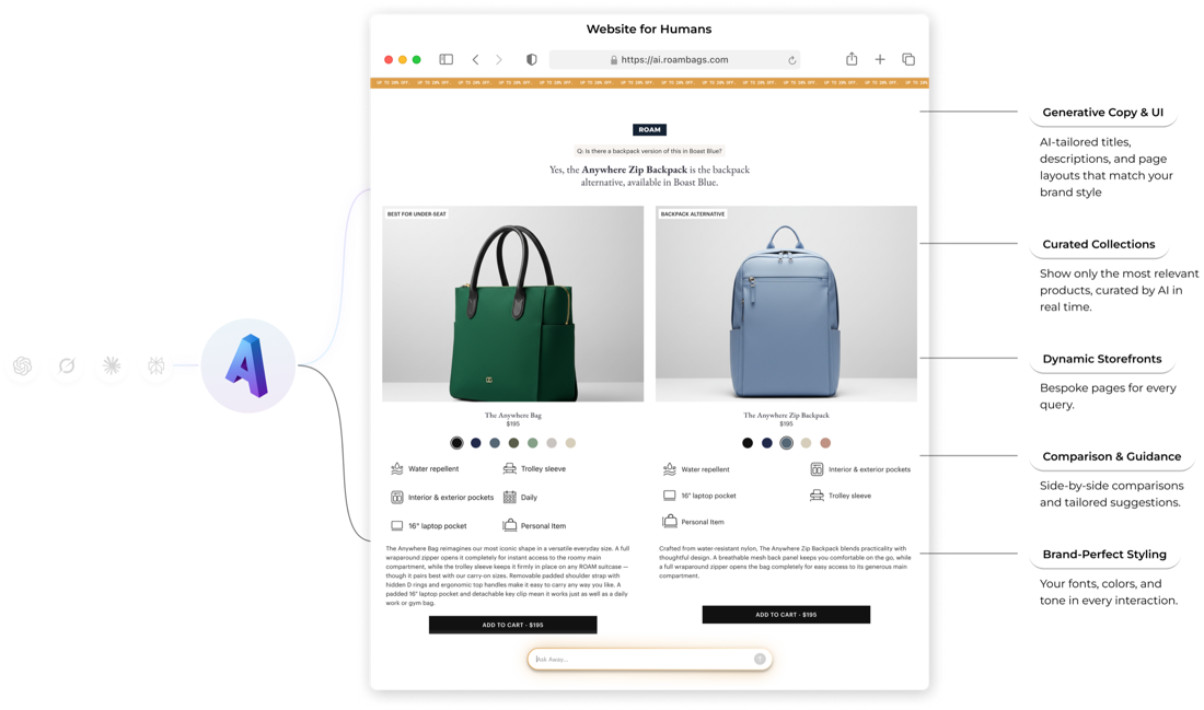 An Aigency-powered storefront on your own domain — a branded shopping page generated for the shopper an AI assistant just sent you